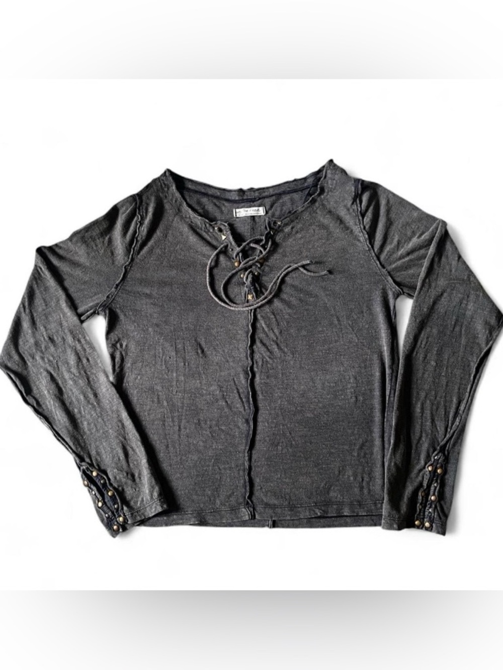 We The Free Grey Lace-Up Long Sleeve Tee